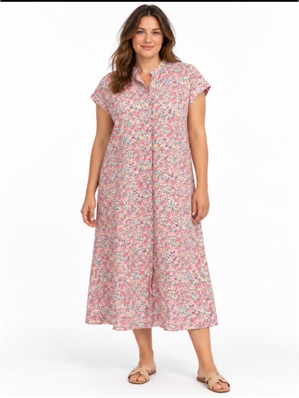 Ann Mashburn Womens Large Pink Floral Linen Cotton Button Front Midi Dress
